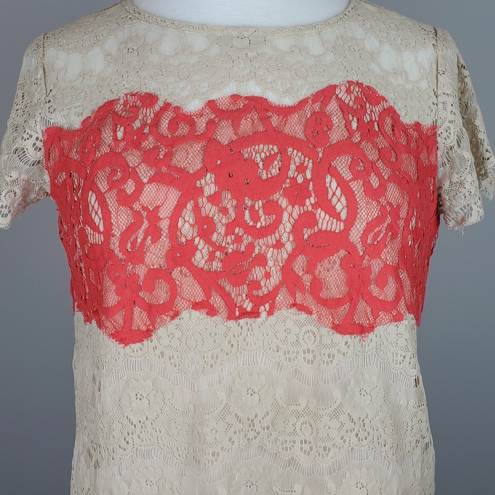 Porcelain Beige & Coral Lace Top - Picture 3 of 5